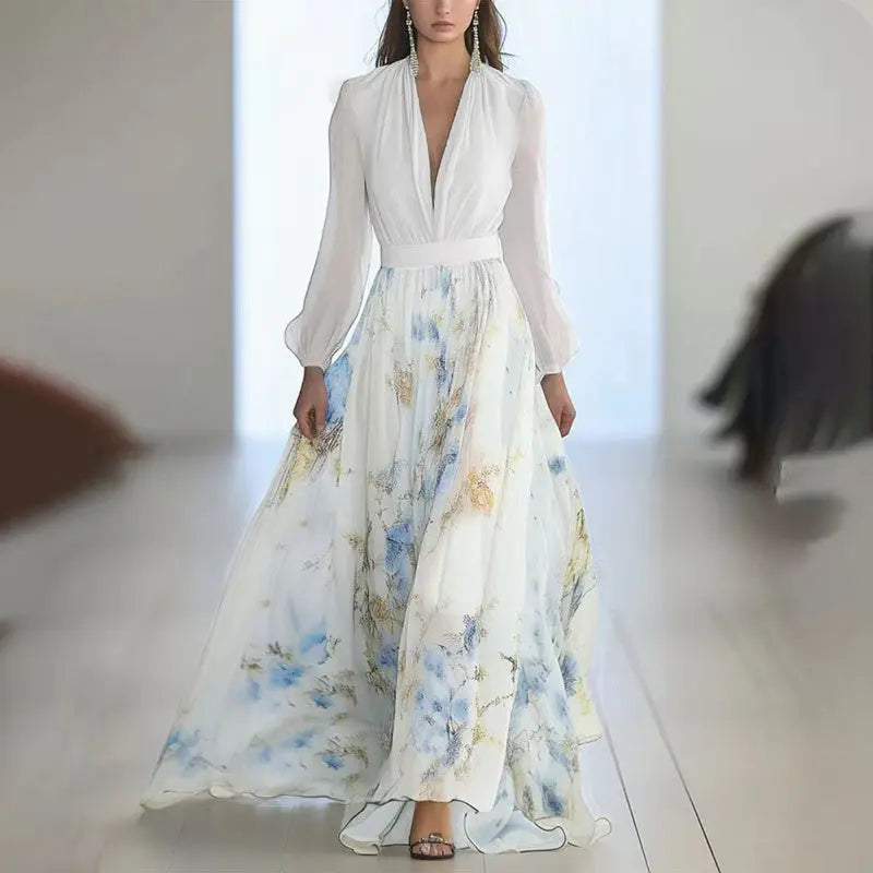 Women's Deep V-Neck Floral Print Boho Maxi Dress With Long Sleeves - A-Line Waist Ruffle Hem Dress For Spring&Summer Vacation Lady T Fashions
