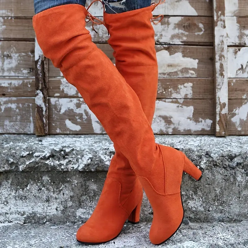 Round Toe Chunky Heel Long Boots - Women's Over Knee Slim Boots - Casual Outdoor Shoes Lady T Fashions