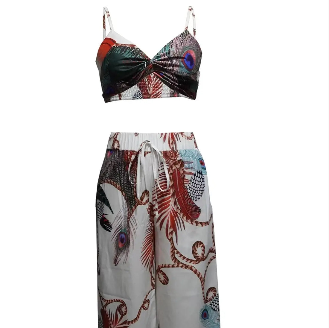 Women's Feather Printed Black Vacation Sexy Strap Pants Set Lady T Fashions