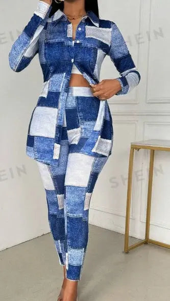 Women's Shirt Collar Long Sleeve Knit Denim Effect Top And Pants Set Lady T Fashions