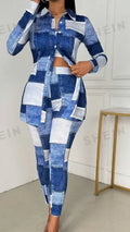 Women's Shirt Collar Long Sleeve Knit Denim Effect Top And Pants Set Lady T Fashions