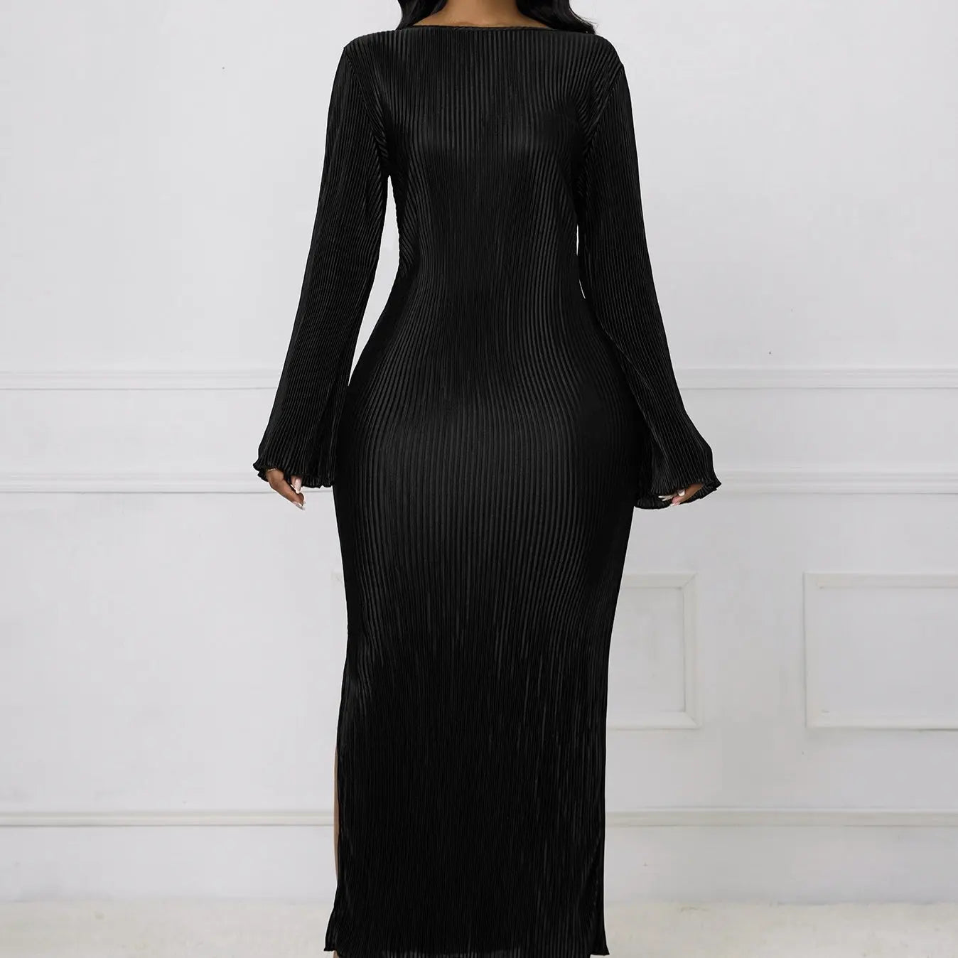 Ladies' Solid Color Fashionable Autumn And Winter Flared Sleeve Ribbed Slit Elegant Long Sleeved Dress Lady T Fashions