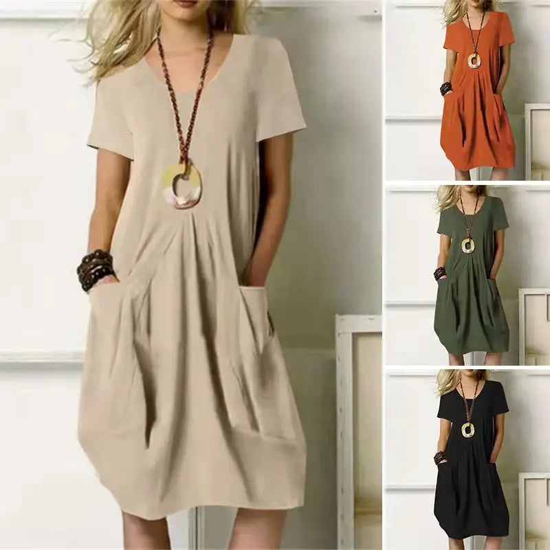 Cotton And Linen Solid Color Loose Round Neck Short Sleeve Dress Lady T Fashions