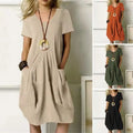 Cotton And Linen Solid Color Loose Round Neck Short Sleeve Dress Lady T Fashions