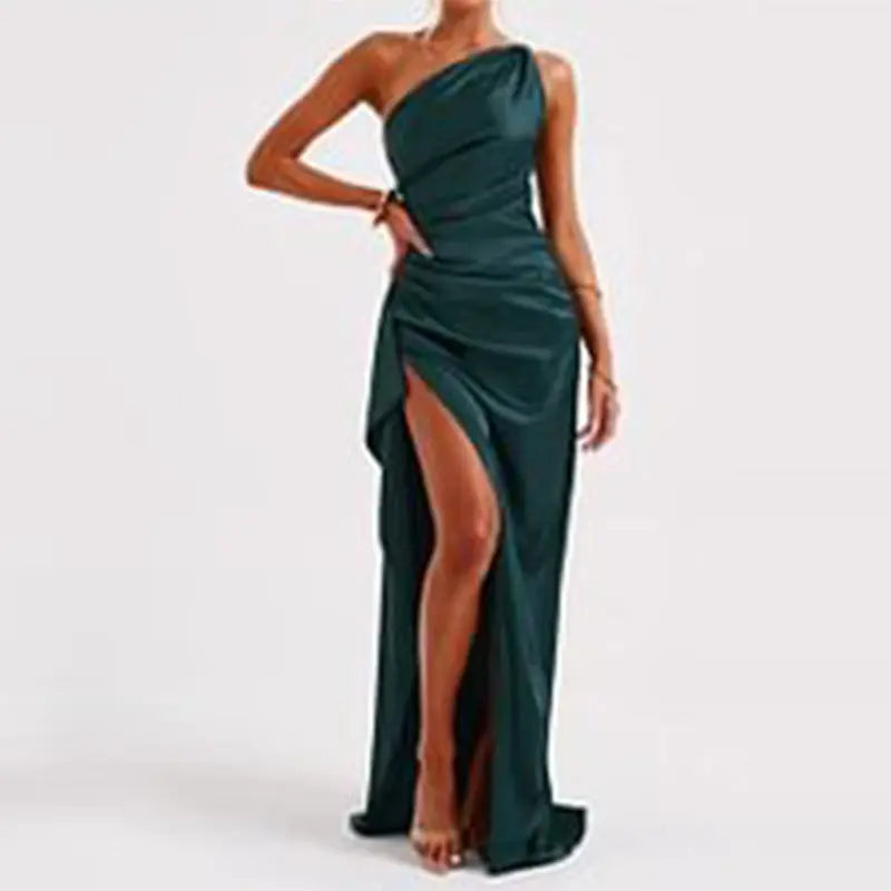 Sexy One-shoulder Backless Slit Dress Summer Elegant Slim-fit Solid Color Satin Dresses For Women Lady T Fashions