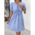 Women's Striped Tie Front Puff Sleeve Summer Casual Mini Dresses Loose Flowy Sundress Lady T Fashions