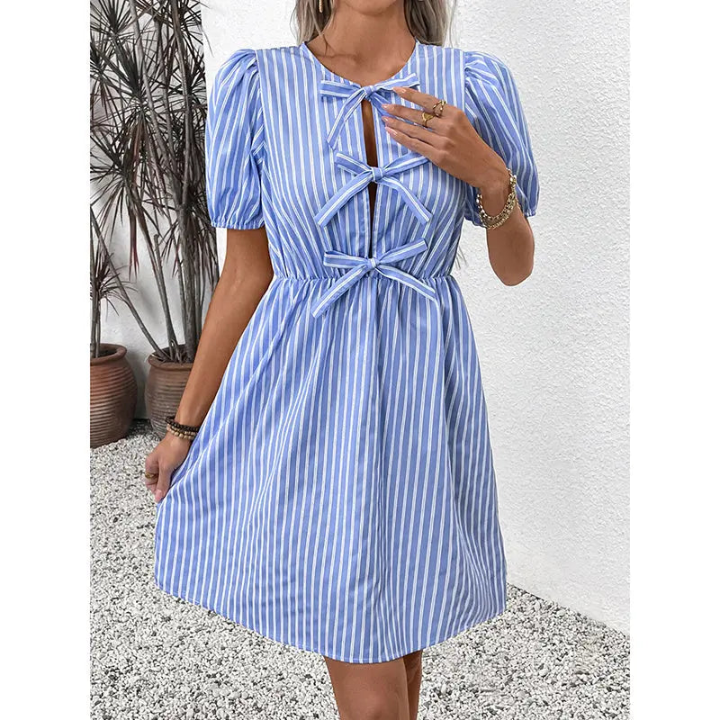 Women's Striped Tie Front Puff Sleeve Summer Casual Mini Dresses Loose Flowy Sundress Lady T Fashions