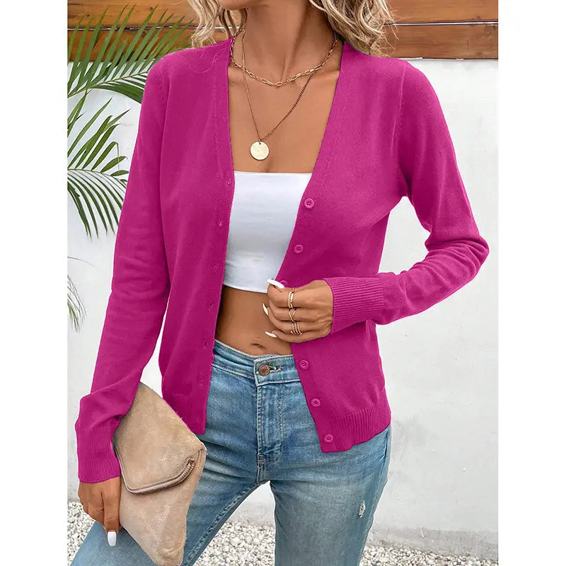Women's Long Sleeve V-Neck Button Down Cardigan Knit Shrugs Sweater Lady T Fashions