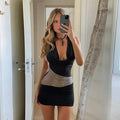Sexy Slim Deep U-neck Dress With Sequin Mesh Patchwork Design Ins Fashion Halter Short Dresses Women's Clothing Lady T Fashions