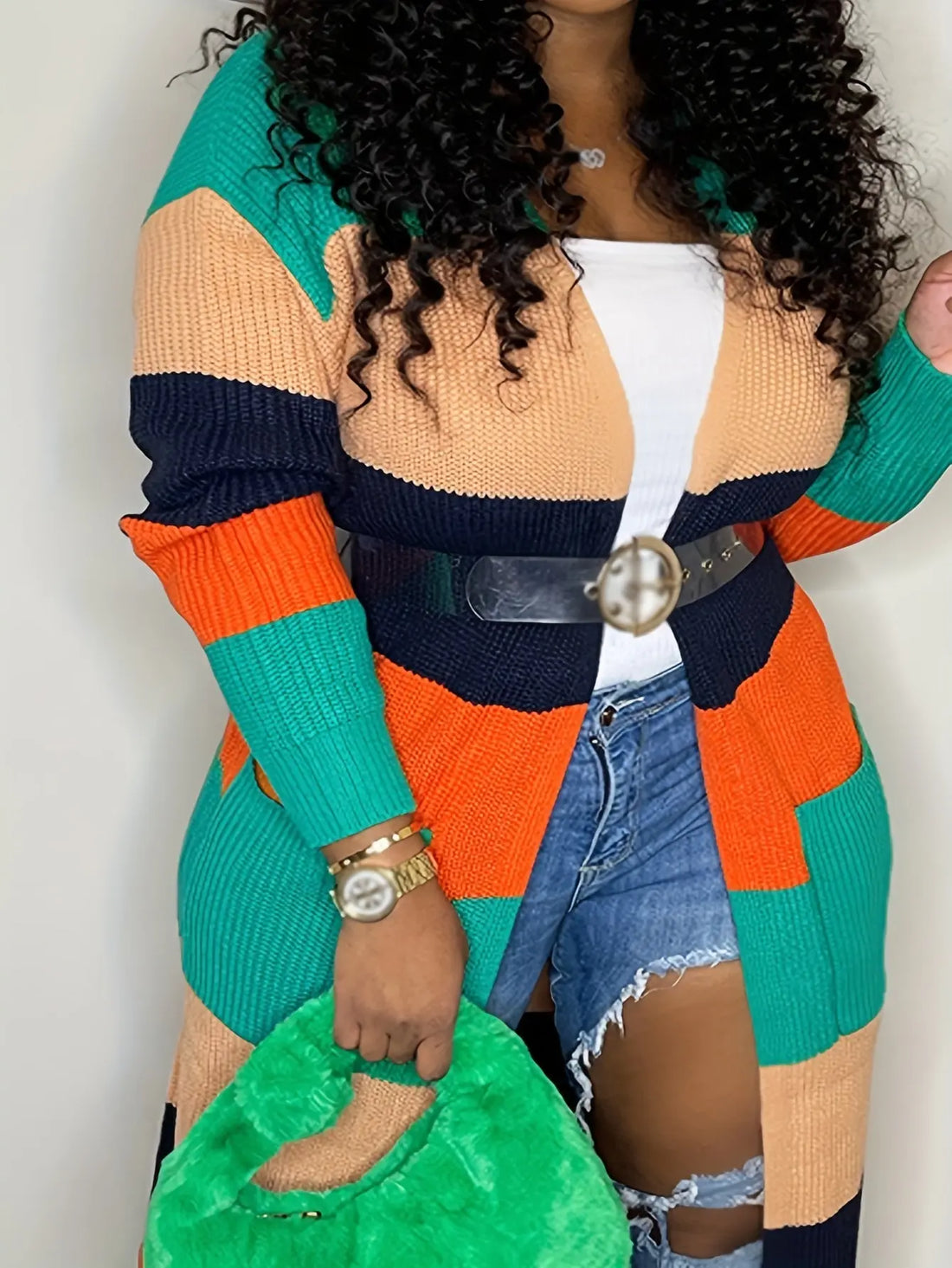 Plus Size Cozy Colorblock Striped Cardigan - Soft Knitted Fabric, Long Sleeves, Open Front Design, Perfect for Casual Daily Wear - Designed for Plus Size Women, Womens Fashion Clothing Lady T Fashions