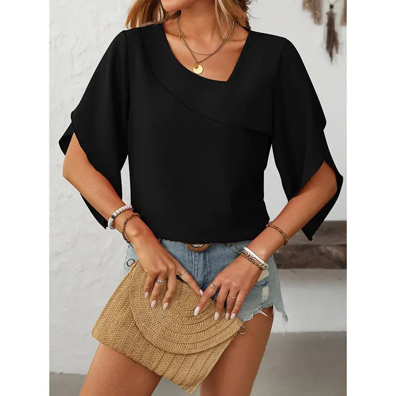 Womens Tops Dressy Casual 3 4 Sleeve Asymmetrical V Neck Work Shirts Blouses Lady T Fashions