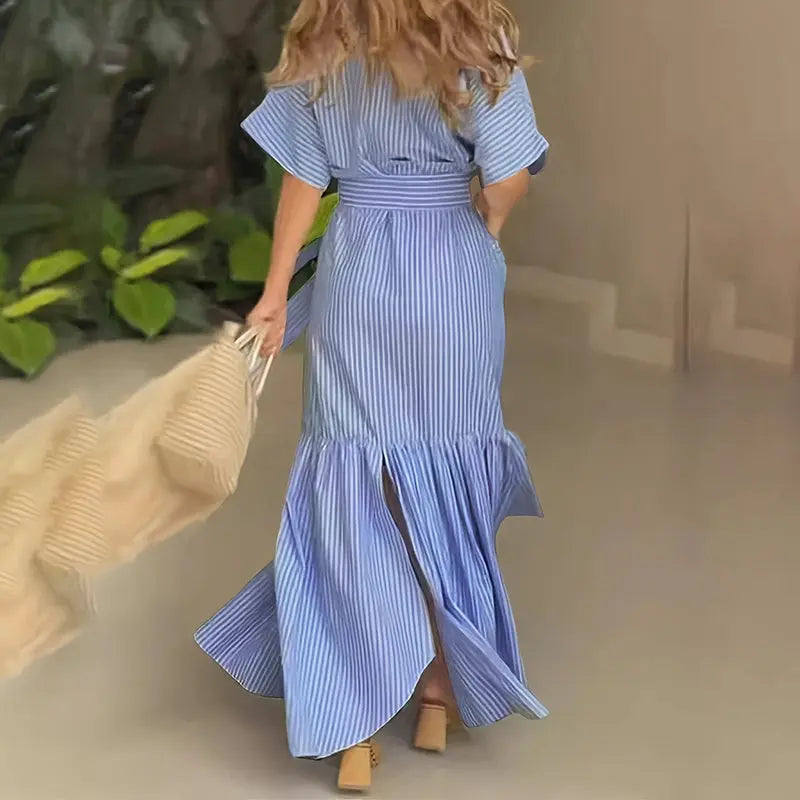Women's Summer Casual Striped Button Down Maxi Dress Tie Waist Short Sleeve Shirt Dress With Pockets Lady T Fashions
