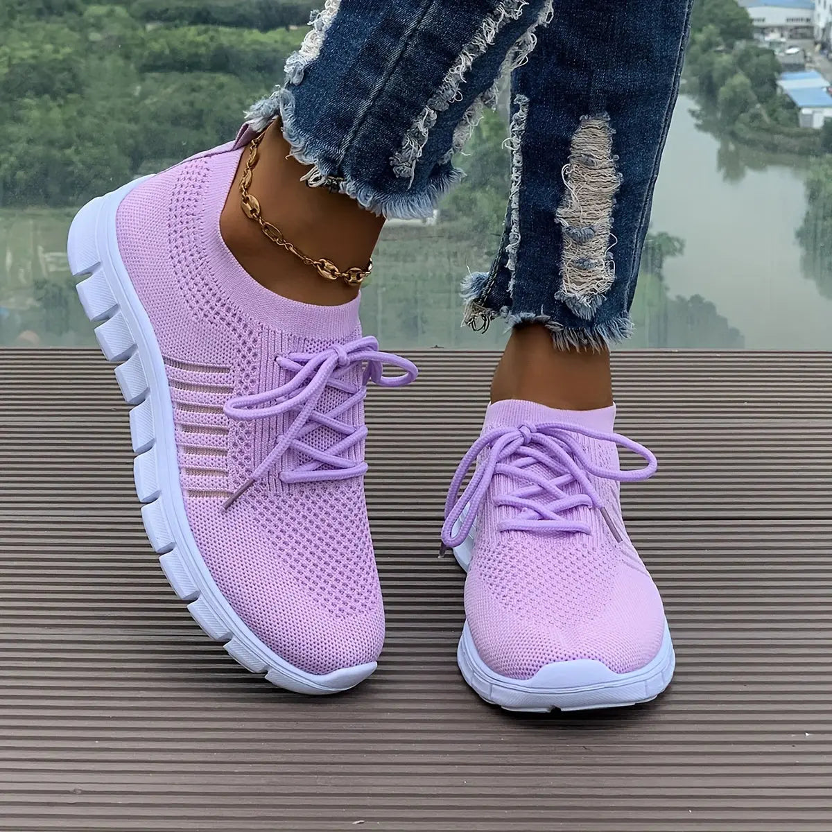 Women's Mesh Breathable Running Shoes, Solid Color Lace Up Front Summer Walking Shoes, Flying Woven Casual Sneakers Lady T Fashions
