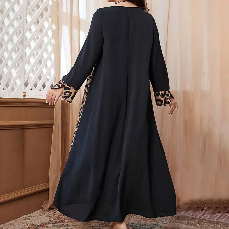 Womens Leopard Print Maxi Dresses Color Block Long Sleeve Dress Casual Summer Dresses Lady T Fashions
