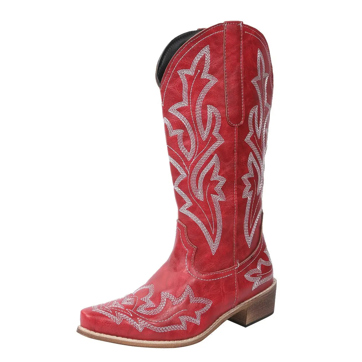 [Retro Cowgirl Boots] Retro Style Women's Western Mid Calf Boots | V-cut Embroidery Cowgirl Boots, Pointed Toe Slip On Shoes Lady T Fashions