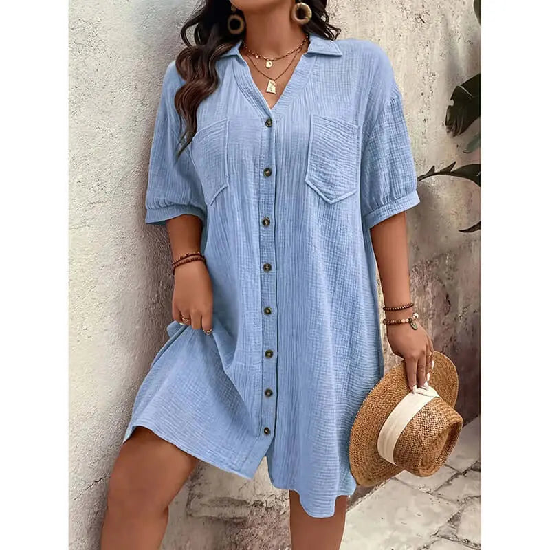 Womens Cotton Shirt Dress Summer Casual Short Sleeve Button Down V Neck Loose Mini Dress With Pockets Lady T Fashions