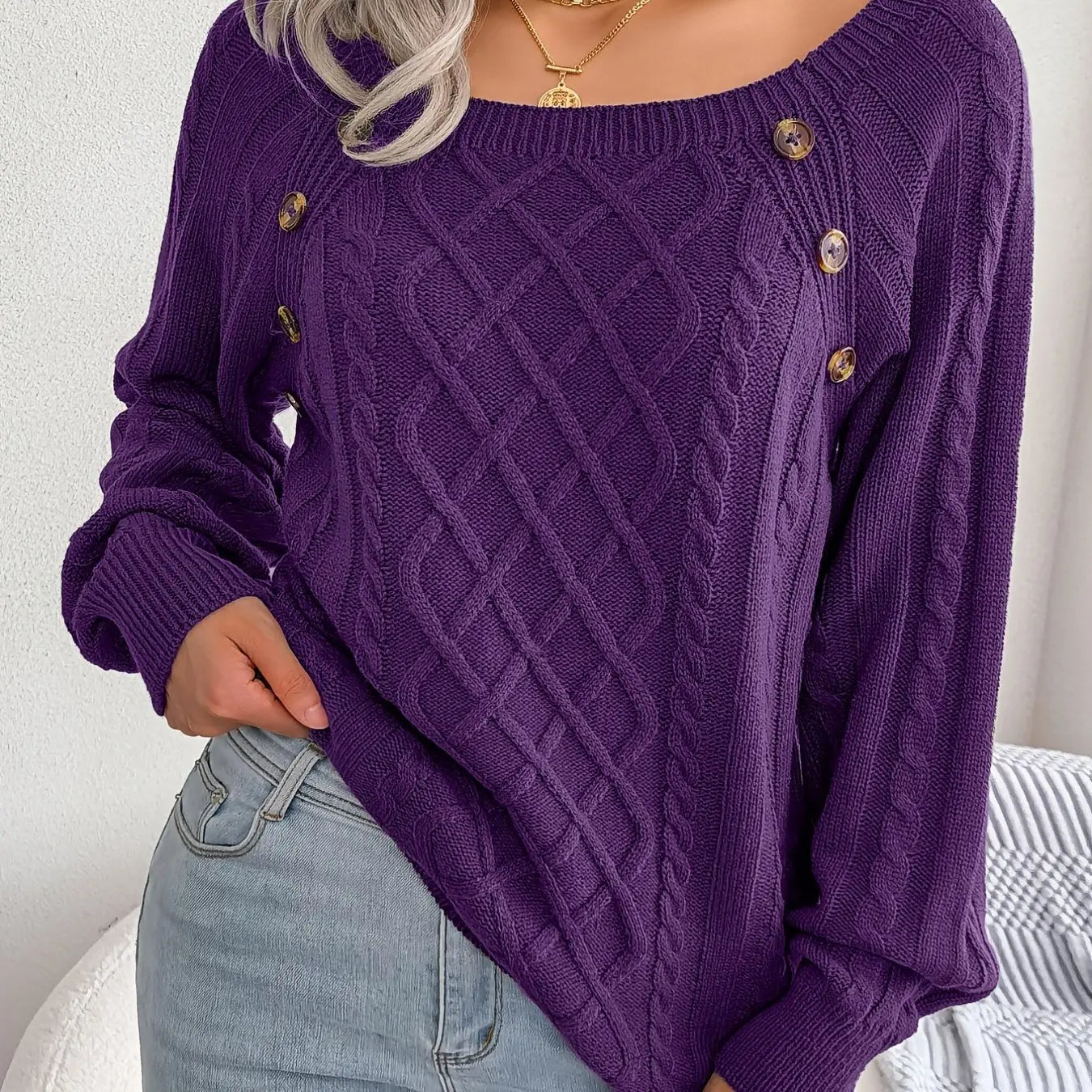 Texture Button Lantern Sleeve Sweater - Women's Round Neck Sweater Lady T Fashions