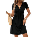 Color Cotton Short Sleeve V-neck Design Chest Twist Waist Dress Lady T Fashions