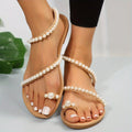 Women's Faux Pearl Flat Sandals, Stylish Rhinestone Toe Loop Slip On Shoes, Outdoor Beach Non Slip Sandals Lady T Fashions