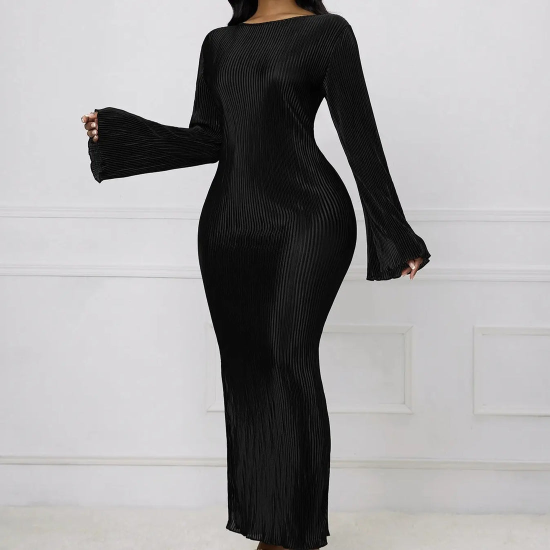 Ladies' Solid Color Fashionable Autumn And Winter Flared Sleeve Ribbed Slit Elegant Long Sleeved Dress Lady T Fashions