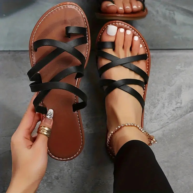 Women's Toe Loop Slide Sandals, Casual Cross Strap Slip On Flats, Lightweight Beach Shoes Lady T Fashions