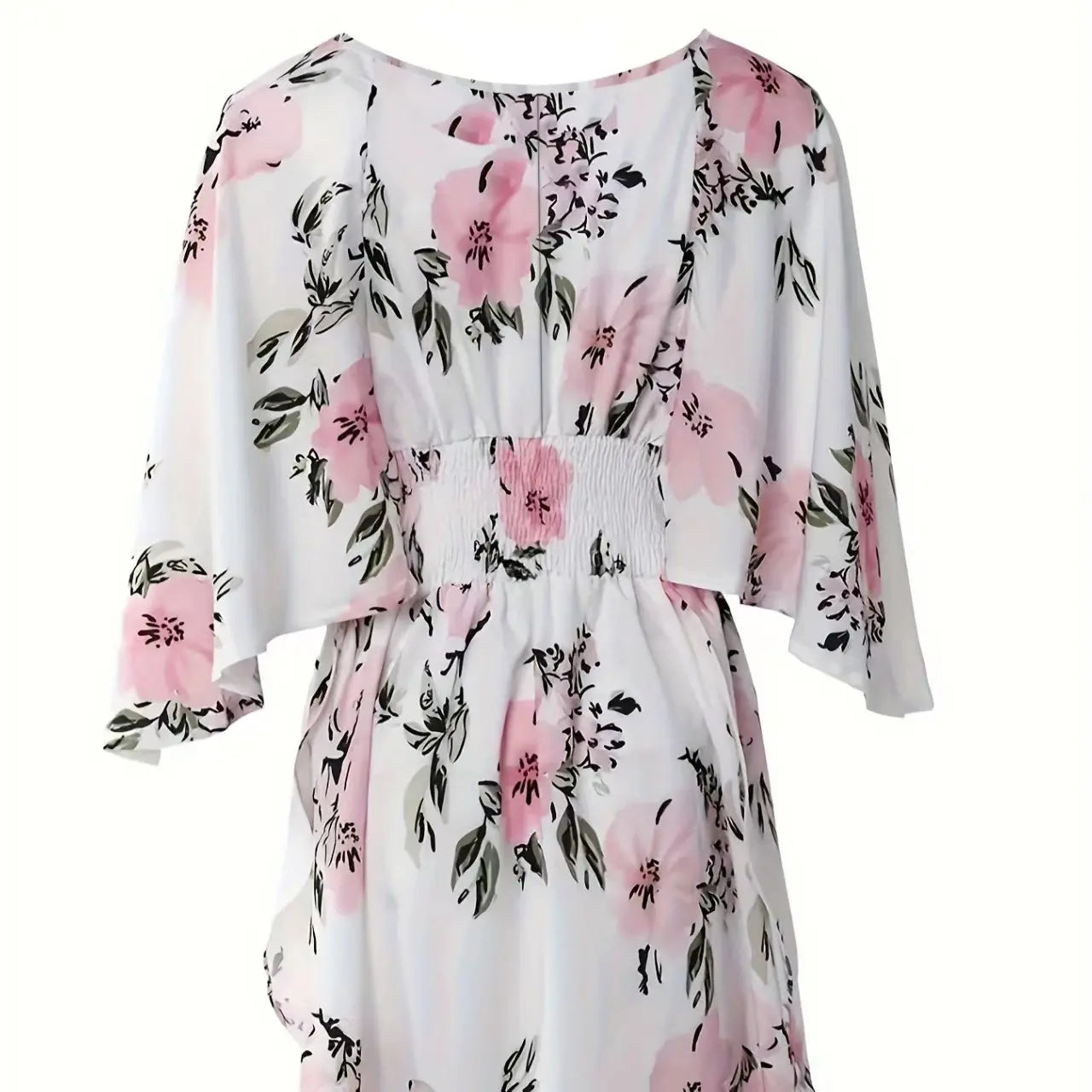 Ladies' Floral Print Waist With Ruffled Edges, Big V-neck, Sexy Asymmetrical Hem, Elegant Seaside Vacation Style Short Dress Lady T Fashions