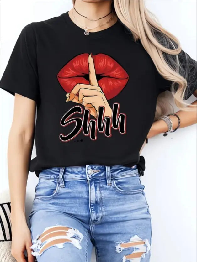 SHHH, Keep Your Voice Down Ladies' Casual Loose Short Sleeves, T-shirts, Basic Tops, Unique Rest, Holiday Gifts Are Preferred, Suitable For Women's Wear In Spring And Summer, Teenagers And Girls Lady T Fashions