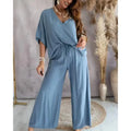 Women's 2 Piece Outfit, Casual Solid Color V-Neck Half Sleeve Top And Wide Leg Pants Lounge Set Lady T Fashions
