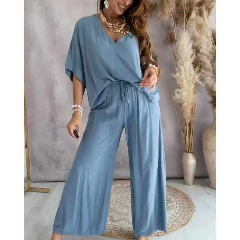 Women's 2 Piece Outfit, Casual Solid Color V-Neck Half Sleeve Top And Wide Leg Pants Lounge Set Lady T Fashions