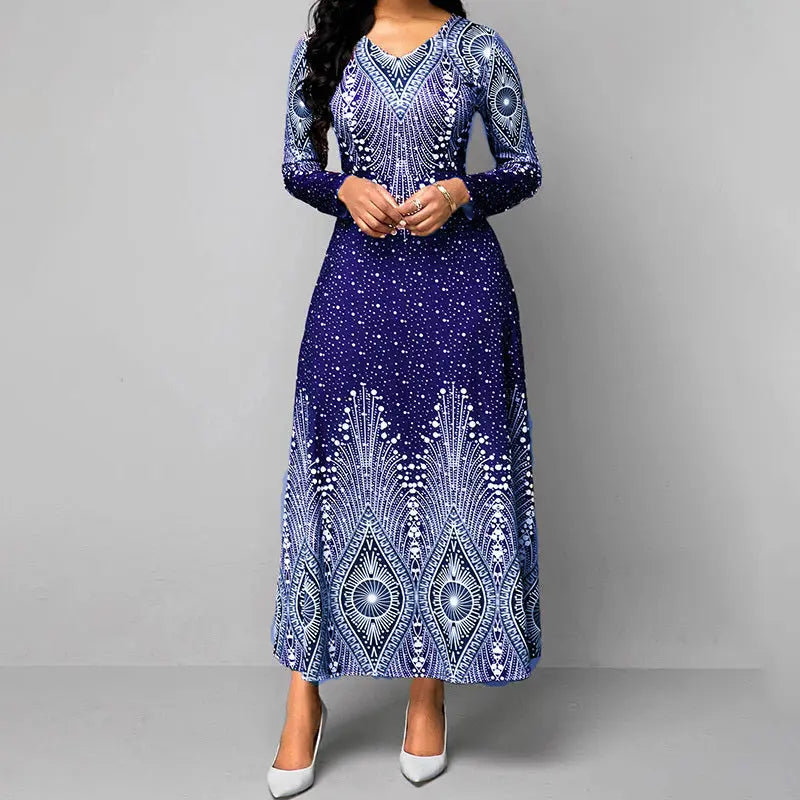Women's Plus Size Elegant V-Neck Long Sleeve A-Line Dress With Starry Sky Print, Slim-Fit Flowy Maxi Dress For Holiday & Party Wear Lady T Fashions