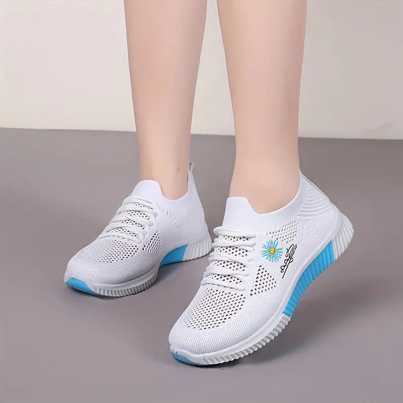 Women's Daisy Knitted Sock Sneakers, Breathable & Comfortable Lace Up Sports Shoes, Casual Running Walking Sneakers Lady T Fashions