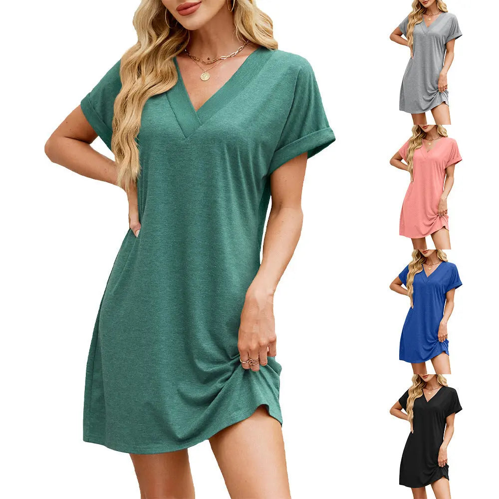 Solid Color And V-neck Loose Short Sleeve Casual Dress Lady T Fashions