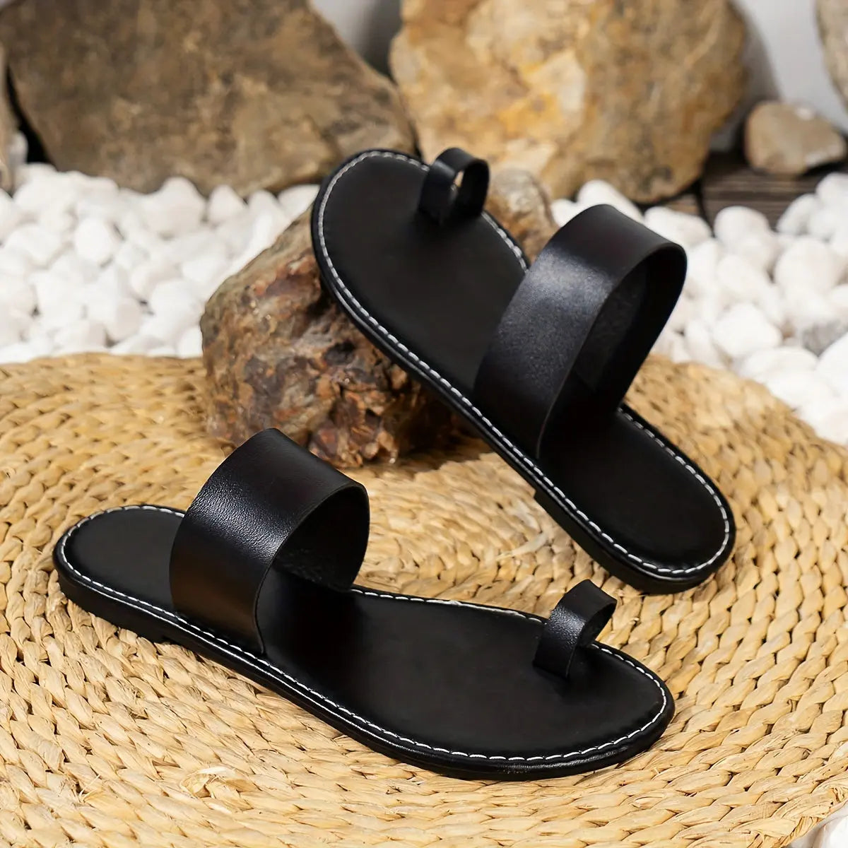 Women's Dark Brown Toe Loop Sandals, Open Round Toe Flat Comfy Fashion Slippers, Women's Indoor & Outdoor Slides Lady T Fashions