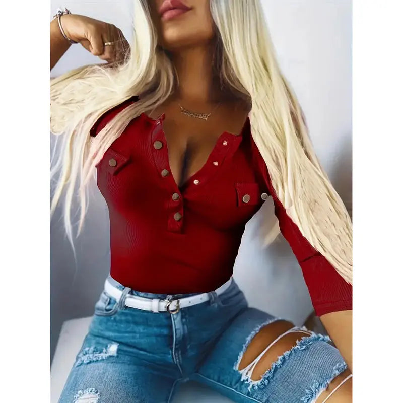 Womens Long Sleeves Ribbed Knit Tunic Shirts Scoop Neck Button-Up Tops Slim Fit Blouses Lady T Fashions