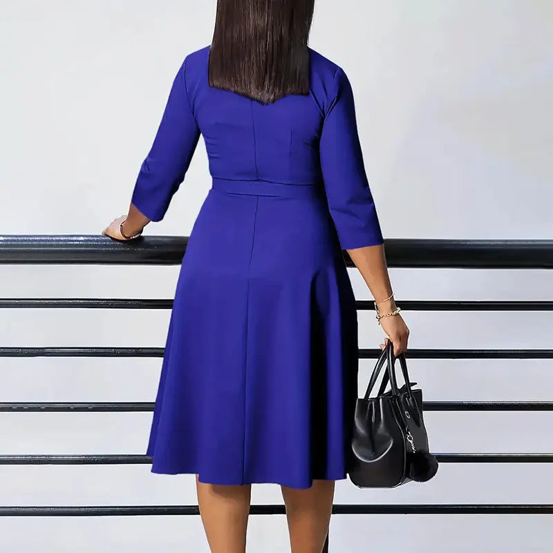 Women's Elegant V-Neck Cross-Wrap A-Line Dress With Belt & Ruffled Hem - Office & Casual Solid Dress For Spring&Summer Lady T Fashions