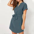 V-neck Short Sleeve Dress With Belt Summer Fashion Bowknot Dresses For Women Clothing Lady T Fashions