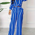 [Two-piece Set Long Sleeve Shirt] Striped Print Two-piece Set, Button Front Collar Long Sleeve Shirt & High Waist Wide Leg Loose Pants Set, Women's Clothing Lady T Fashions