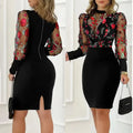 Women's Elegant Round Neck Long Sleeve See Through Floral Print Bodycon Dress For Spring & Summer Lady T Fashions