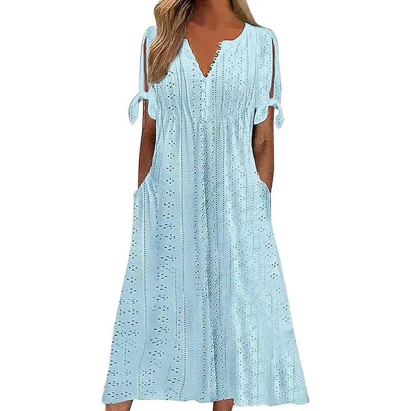 Women's Eyelet V-Neck Maxi Dress Short Sleeve Flowy A-Line Summer Beach Dress Lady T Fashions