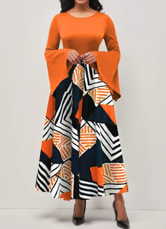Ladies' Round Neck Printed Irregular Cuff Design Fashionable Dress Lady T Fashions