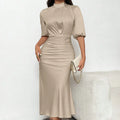 Women's Short Sleeve Mock Neck Ruched Midi Dress Slim Fit Elegant Party Dress Lady T Fashions