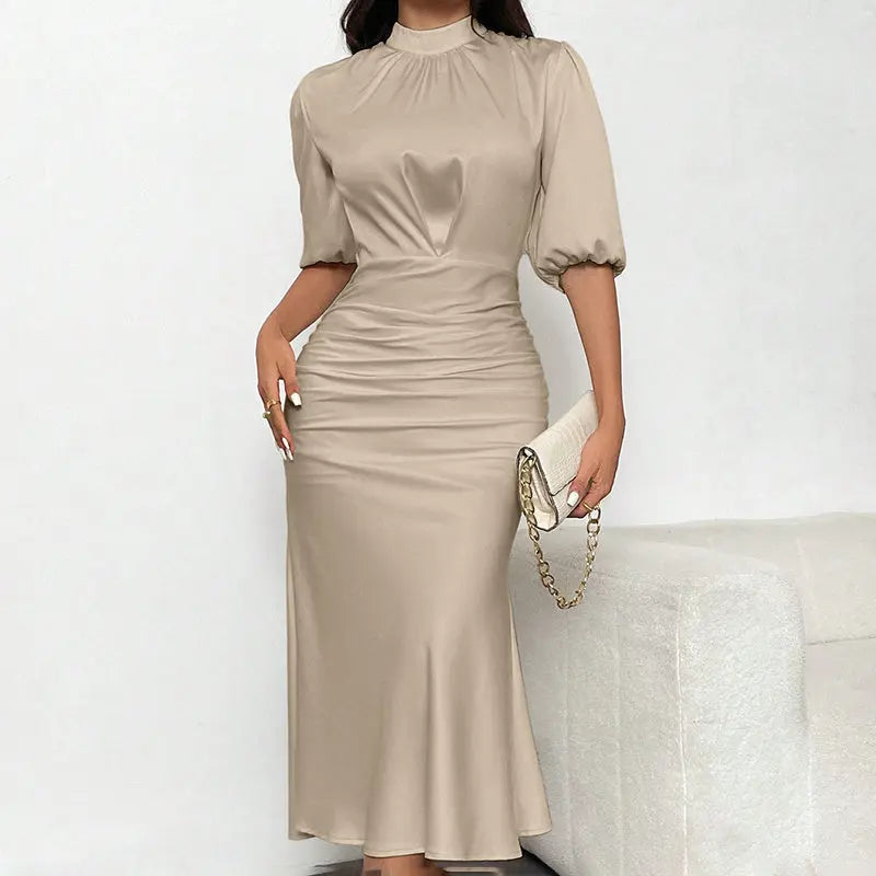 Women's Short Sleeve Mock Neck Ruched Midi Dress Slim Fit Elegant Party Dress Lady T Fashions