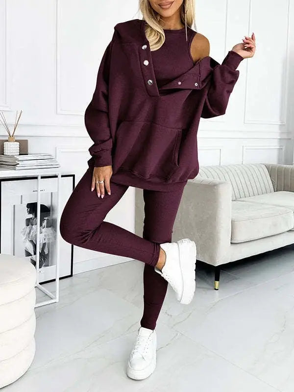 Athleisure Hoodie With Thick Thread Slim-fit Vest Pants Three Pieces Set Lady T Fashions