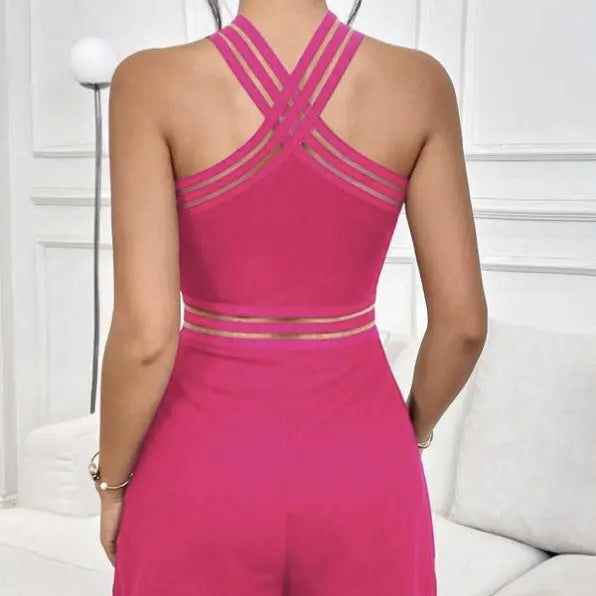 Women's Solid Color Mesh Off Shoulder Suspender Style Mesh Splicing Cross Cross Exposed Navel Sexy Elegant Style Short Jumpsuit Lady T Fashions