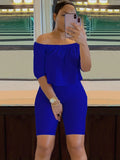 Sexy Solid Fashion Pantsuits Two-piece Set, Off Shoulder Short Sleeve Tops & Slim Shorts Set, Women's Clothing Lady T Fashions
