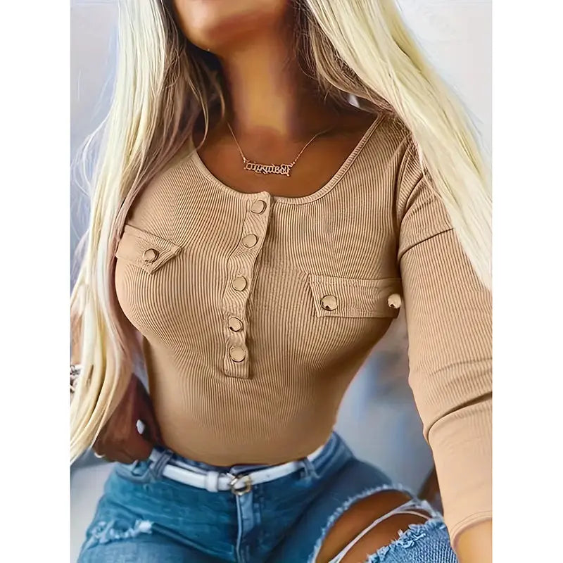 Womens Long Sleeves Ribbed Knit Tunic Shirts Scoop Neck Button-Up Tops Slim Fit Blouses Lady T Fashions