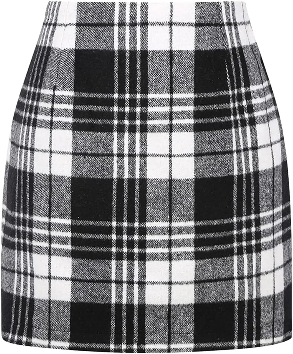 Women's High Waist Plaid Tight Pencil Wool Mini Skirt Lady T Fashions