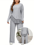 2 Piece Plus Size Women Outfits: Irregular Tassel Long Sleeves Shirt and Elastic Wide Leg Pants Set for Streetwear Lady T Fashions