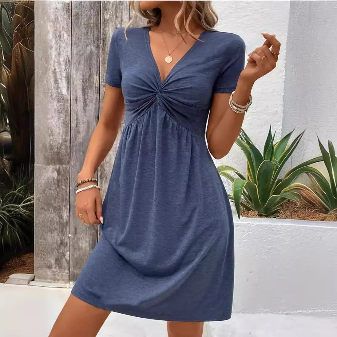 Color Cotton Short Sleeve V-neck Design Chest Twist Waist Dress Lady T Fashions