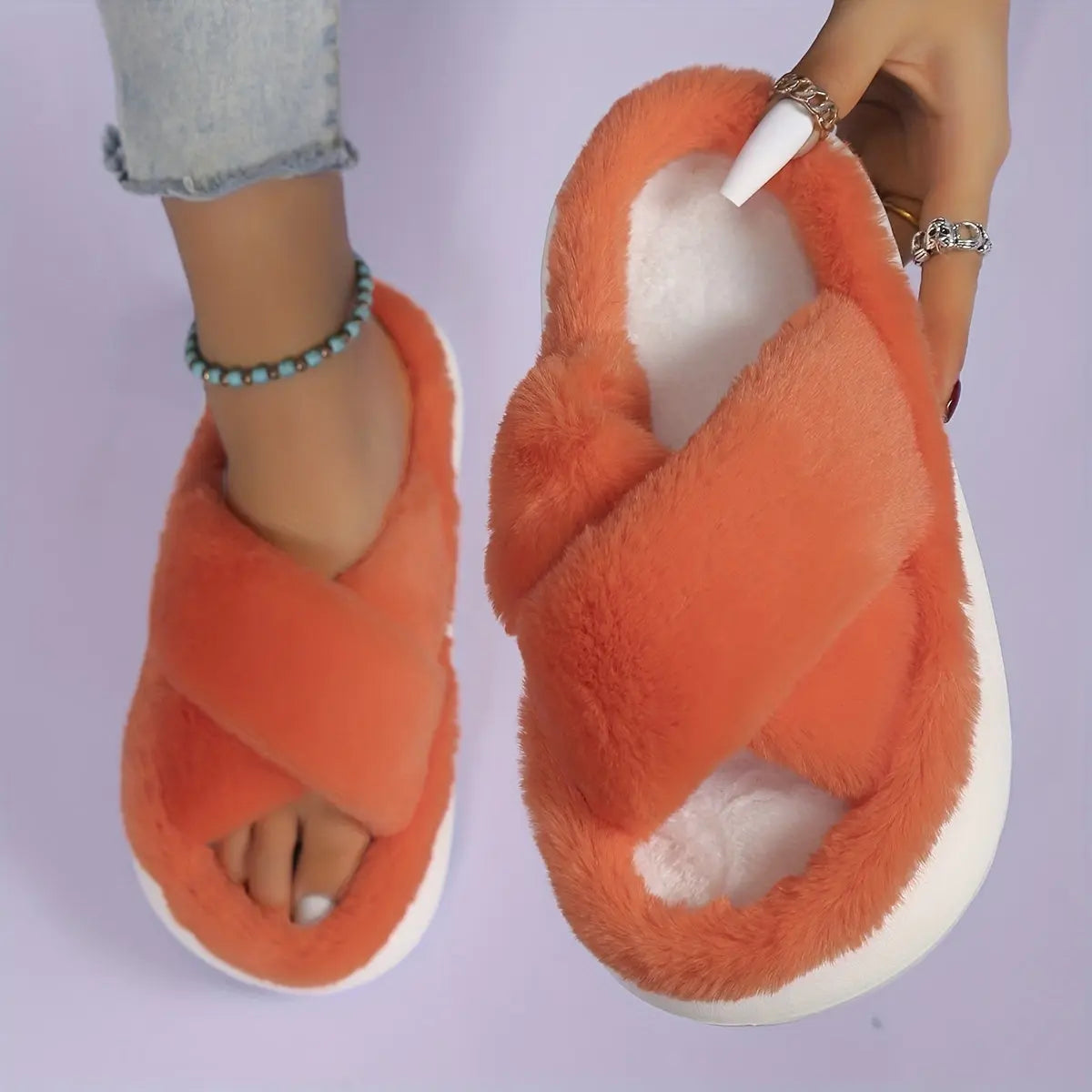 Women's Platform Fuzzy House Slippers, Open Toe Criss Cross Solid Color Casual Home Slides, Women's Indoor Flat Comfy Shoes Lady T Fashions